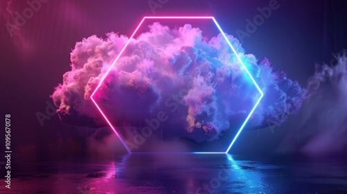 bstract Neon Background 3D Rendering with Glowing Stormy Cloud and Hexagonal Frame photo