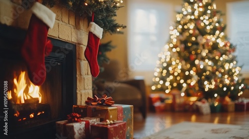 Wallpaper Mural Cozy living room with a fireplace, decorated illuminated Christmas tree, garland lights and colourful gift boxes Torontodigital.ca