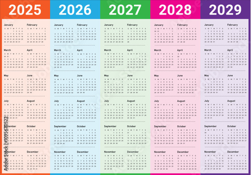 2025 2026 2027 2028 2029 year calendar vector design template