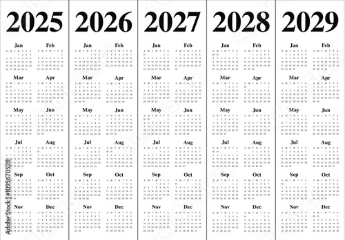 2025 2026 2027 2028 2029 year calendar vector design template