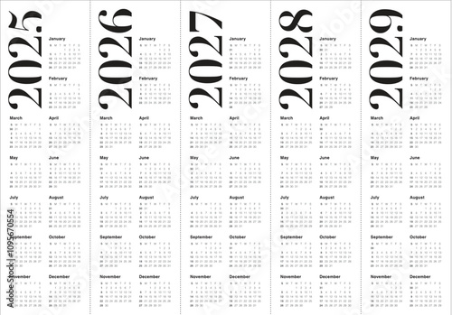 2025 2026 2027 2028 2029 year calendar vector design template