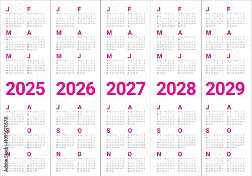 2025 2026 2027 2028 2029 year calendar vector design template