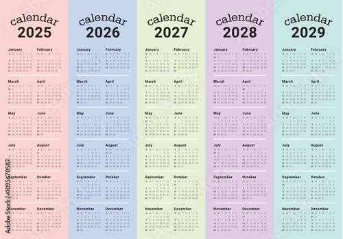 2025 2026 2027 2028 2029 year calendar vector design template