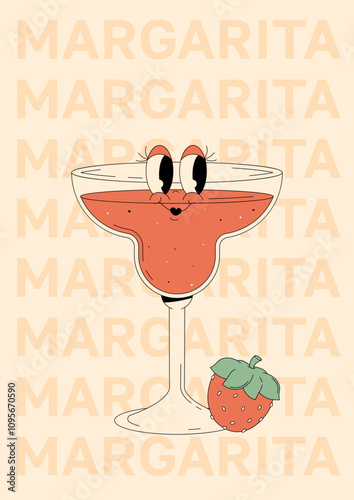 Groovy character strawberry margarita with emotion. Retro summer poster with popular alcoholic cocktail and text. Vintage vector illustration 70s, 80s style