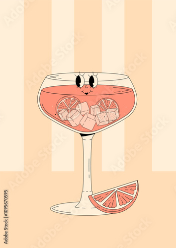 Groovy character pink grapefruit spritz with emotion. Retro summer poster with popular alcoholic cocktail and empty space. Vintage vector illustration
