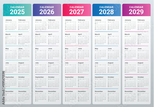 2025 2026 2027 2028 2029 year calendar vector design template