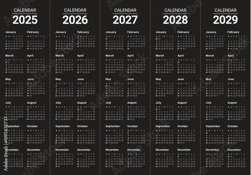 2025 2026 2027 2028 2029 2030 year calendar vector design template