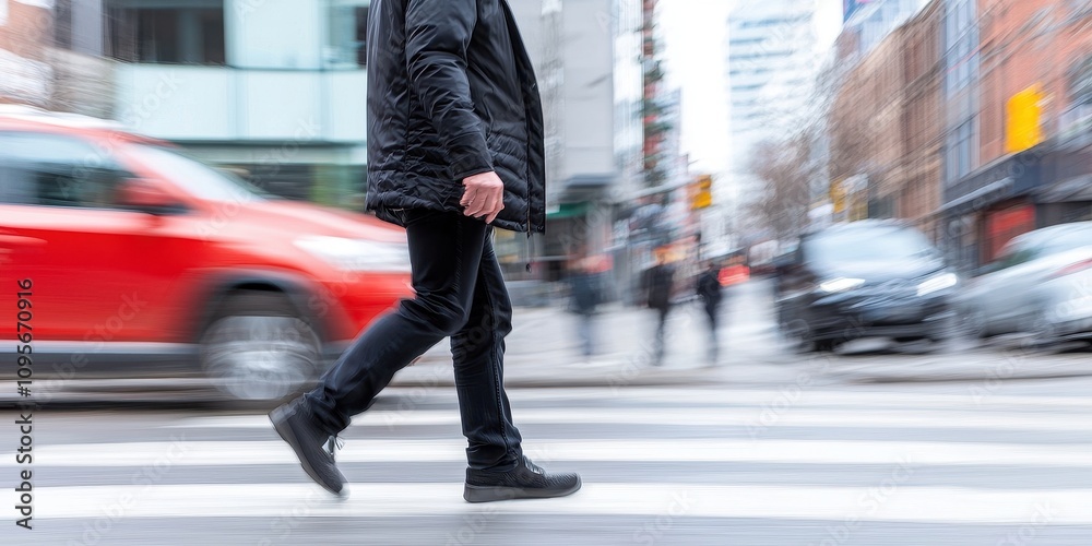 A person walks across a busy street, blurred motion captures urban life. A person walks across a busy street, blurred motion captures urban life.