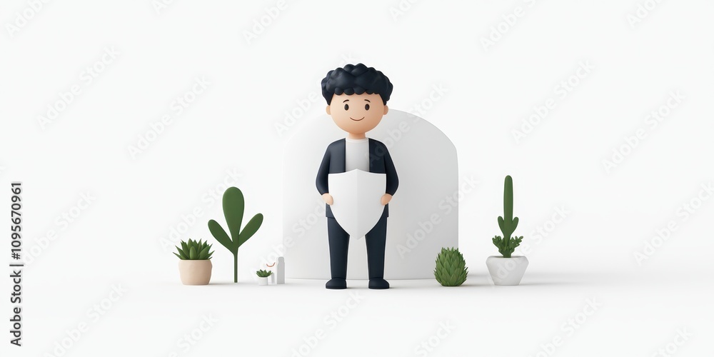 A playful character in minimalistic style surrounded by potted plants. A playful character in minimalistic style surrounded by potted plants.