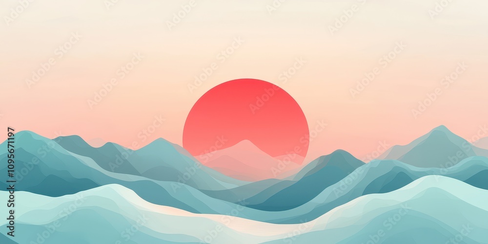 A serene digital illustration of mountains and a rising sun at dawn. A serene digital illustration of mountains and a rising sun at dawn.
