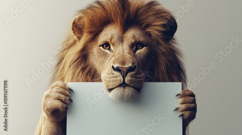 Majestic lion holding blank sign. photo