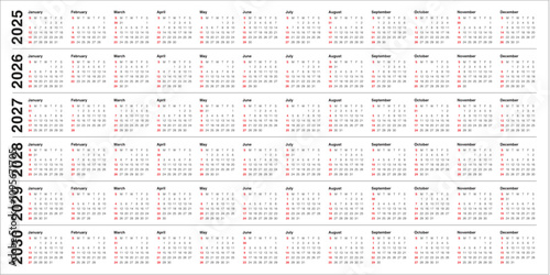 2025 2026 2027 2028 2029 2030 year calendar vector design template