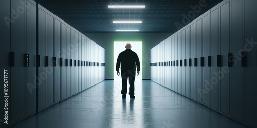 A silhouette of a person standing in a corridor with lockers, creating a mysterious atmosphere.