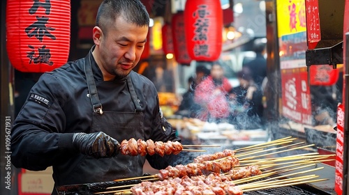 Street vendor flipping pork skewers over a sizzling hot grill with a vibrant and lively Asian market scene in the background  The aroma of grilled meat and spices fills the air photo