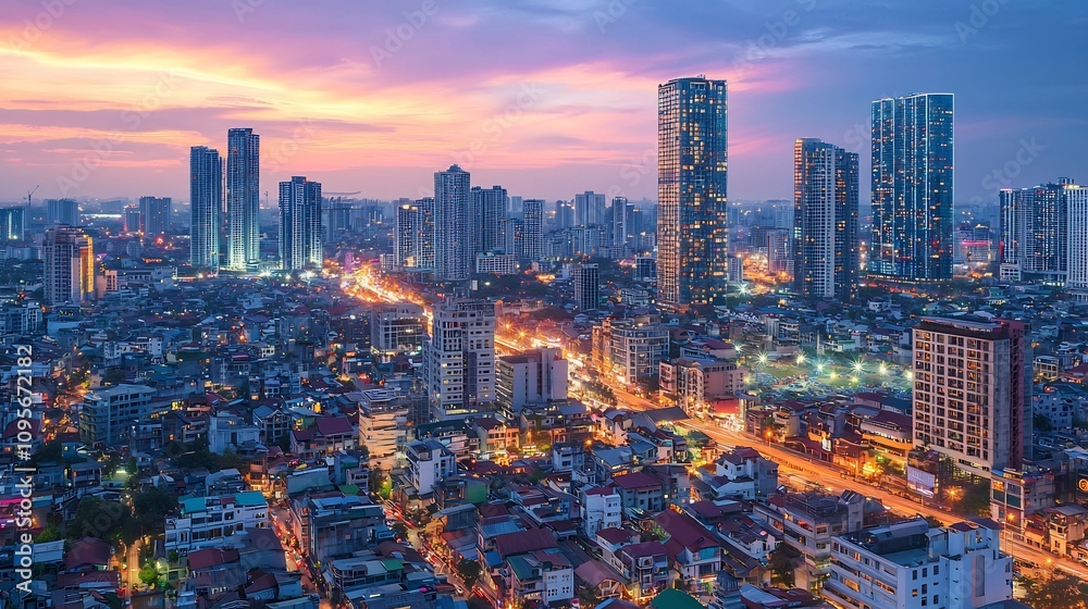 Stunning overhead view of a dense vibrant urban skyline at dusk with modern high rise skyscrapers and buildings glowing in the warm sunset light Stunning overhead view of a dense vibrant urban skyline at dusk with modern high rise skyscrapers and buildings glowing in the warm sunset light