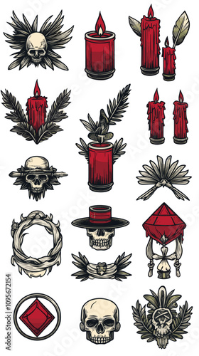 Gothic Skull and Candle Designs with Wings, Feathers, and Tribal Symbols - Red Candles, Skull Motifs, and Dark Art Elements for Tattoo and Graphic Design