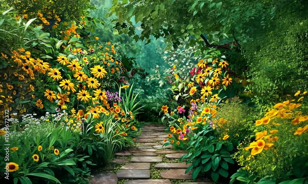 A Serene Pathway Through a Vibrant Garden with Colorful Flowers and Lush Greenery Inviting Nature Lovers to Explore the Beauty of the Outdoors A Serene Pathway Through a Vibrant Garden with Colorful Flowers and Lush Greenery Inviting Nature Lovers to Explore the Beauty of the Outdoors