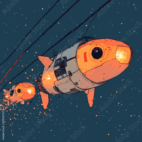 Futuristic Rocket-Fish Spaceships Soar in Night Sky: Sci-Fi Illustration of Deep Space Exploration, Surreal Cosmic Art, Robotic Fish Spacecraft