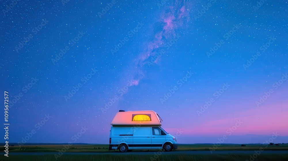 A serene camper van parked under a starry sky, illuminated by soft light, showcasing the beauty of nighttime exploration and adventure. A serene camper van parked under a starry sky, illuminated by soft light, showcasing the beauty of nighttime exploration and adventure.