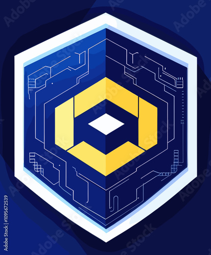 Futuristic Blue and Yellow Shield Logo with Geometric Design and Circuit Patterns, Featuring a Hexagonal Shape, Symbolizing Technology, Innovation, and Security