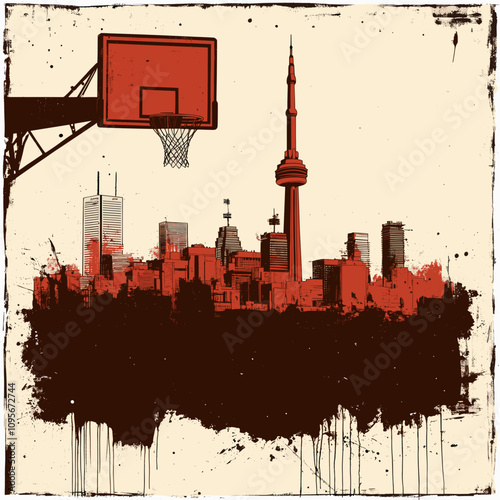 Urban Basketball Court with Toronto Skyline in Artistic Design Featuring Modern Buildings in Bold Red Tones for Sports and Cityscape Enthusiasts