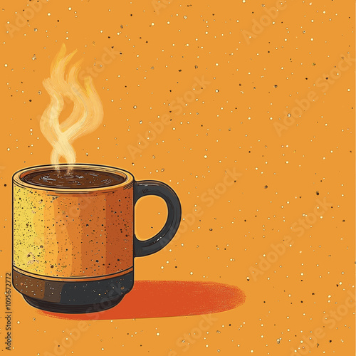 Steaming Coffee Cup on Vibrant Orange Speckled Background - Cozy Art, Warm Beverage, Morning Drink Inspiration, Relaxation Vibes, Ideal for Coffee Lovers