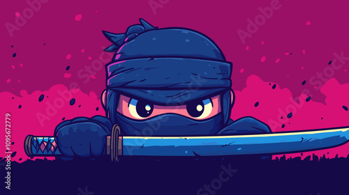 Stealthy Ninja Cartoon with Sword in Vibrant Pink-Purple Background | Ninja Art Style | Eye-Catching Samurai Illustration | Perfect for Manga Enthusiasts