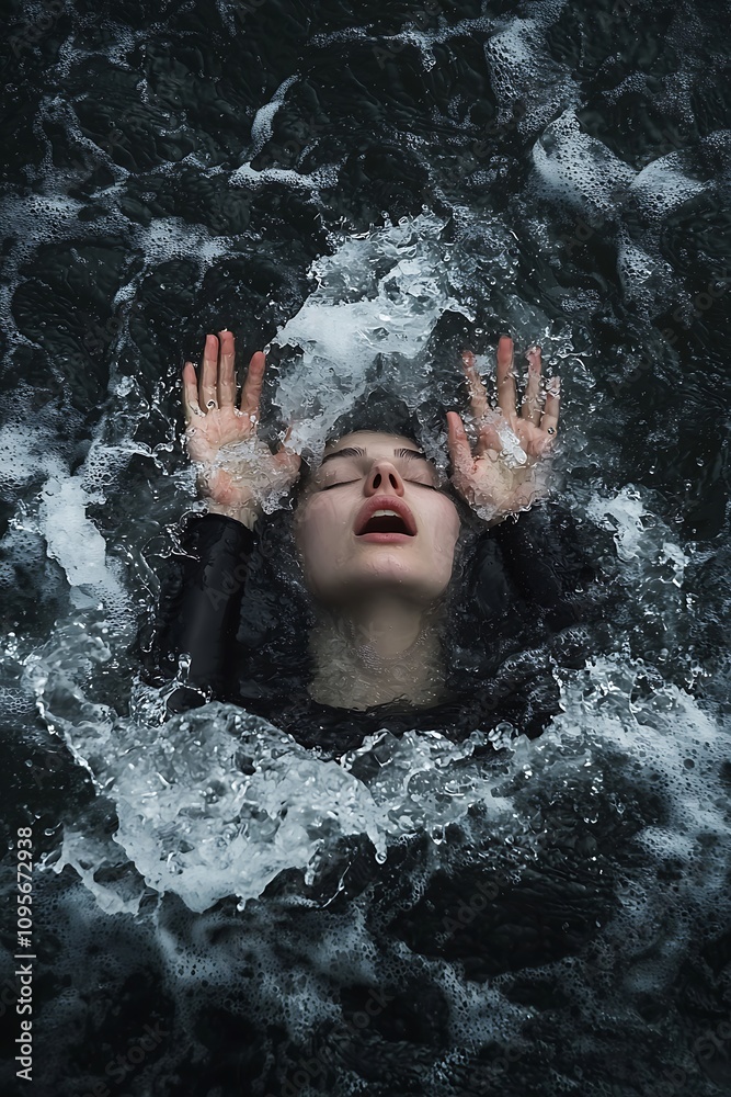 Fototapeta premium Woman Struggling in Water Surrounded by Foam and Bubbles