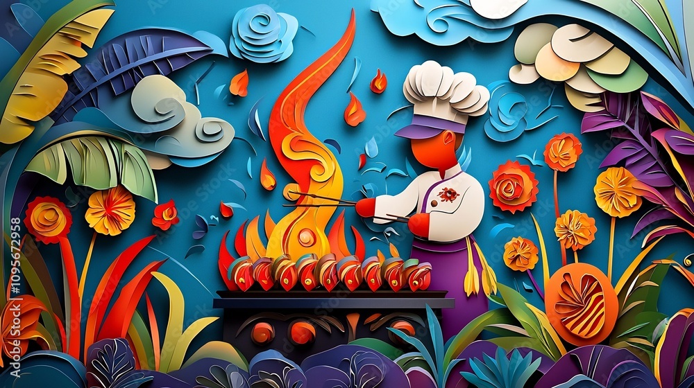 Vibrant 3D paper cut style artwork depicting a chef grilling succulent pork skewers over a fiery grill surrounded by decorative elements and layered textures This modern Vibrant 3D paper cut style artwork depicting a chef grilling succulent pork skewers over a fiery grill surrounded by decorative elements and layered textures This modern