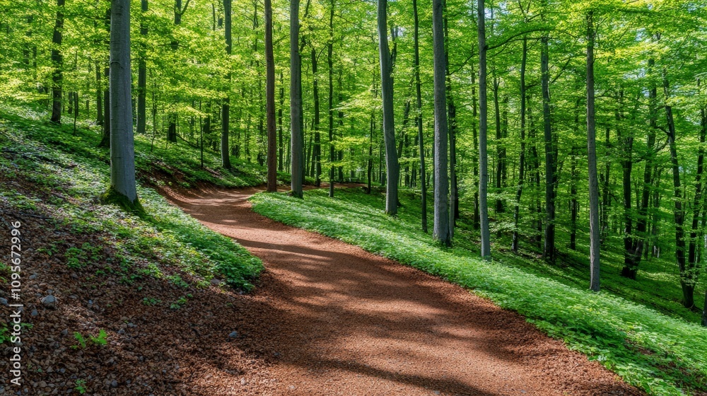 Fototapeta premium Tranquil Pathway Through a Lush Green Forest with Sunlight Filtering Through Leaves and Vibrant Foliage Illuminating the Natural Beauty of the Woodland