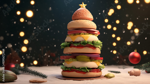 Christmas tree-shaped burger tower, festive lights background, 3D illustration  photo