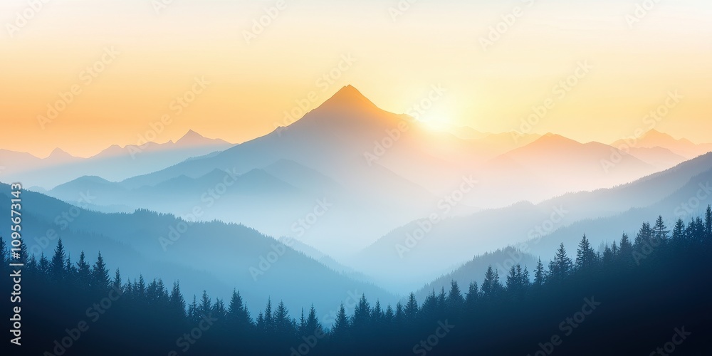 Obraz premium Breathtaking mountain scenery at sunrise with misty valleys and golden sky.