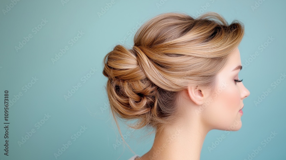 A side profile of a woman with elegant, styled hair in a bun against a soft, pastel background. A side profile of a woman with elegant, styled hair in a bun against a soft, pastel background.