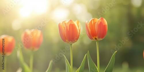 Beautiful orange tulips basking in warm sunlight, creating a serene spring atmosphere.