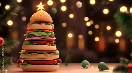 Christmas tree-shaped burger tower, festive lights background, 3D illustration  photo