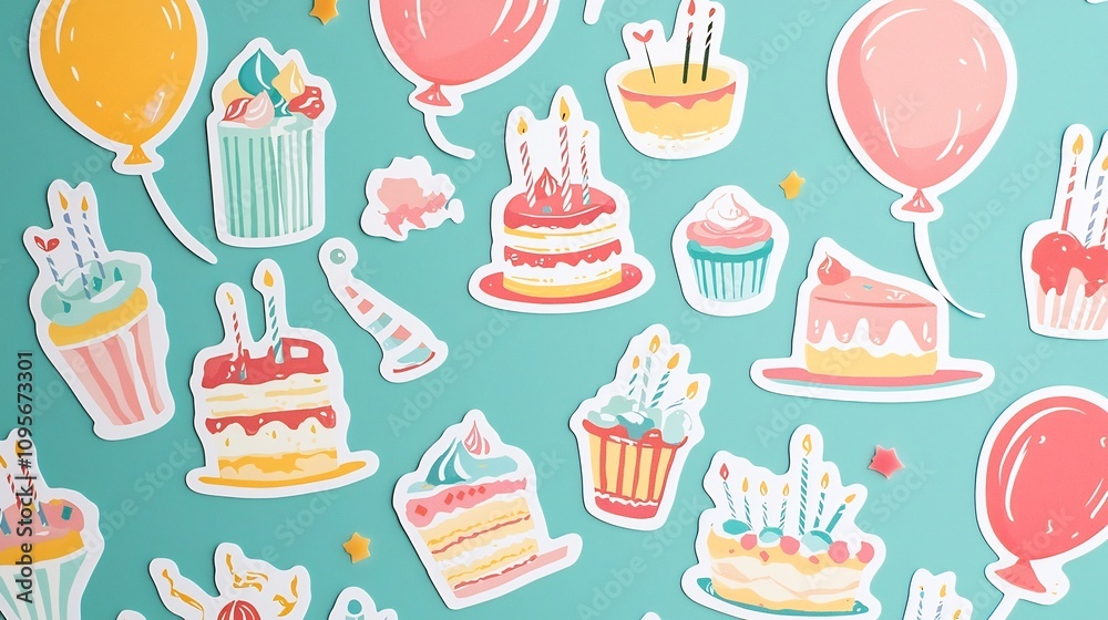 Naklejka premium Vibrant and Festive Birthday Party Sticker Design with Colorful Balloons Cakes Candles and Confetti in a Fun and Whimsical Pattern