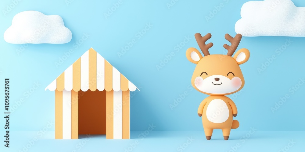 Naklejka premium Cute cartoon deer standing beside a colorful tent on a bright blue background.