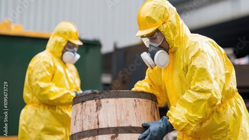 Workers processing hazardous chemical waste in a controlled environment to prevent environmental contamination   chemical waste disposal, safety procedures
