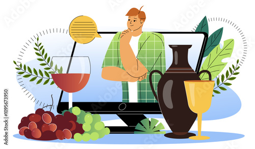 Wine maker online. Man on computer screen near wine and grapes. Alcoholic drink and beverage. Sommelier on internet with alcohol. Flat vector illustration