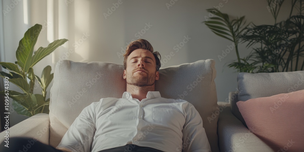 Man relaxing on a couch, embracing tranquility and peace in a cozy environment. Man relaxing on a couch, embracing tranquility and peace in a cozy environment.