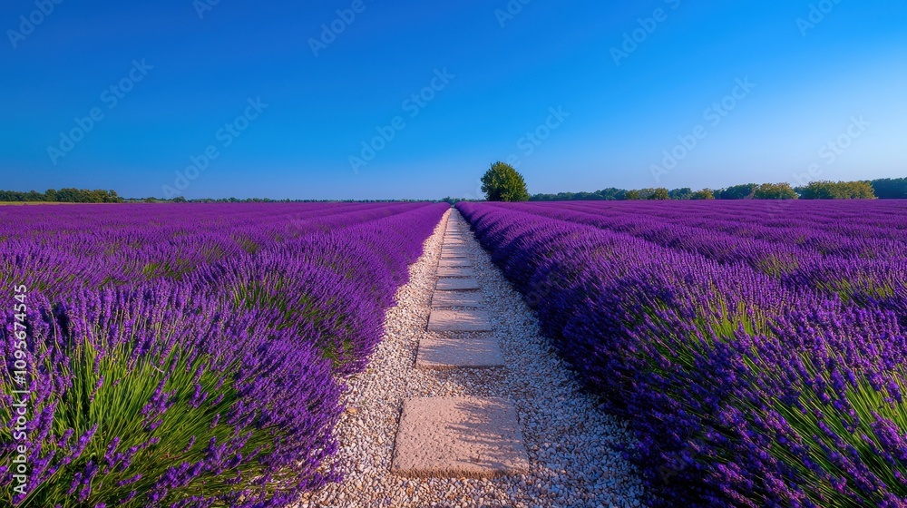 Obraz premium A serene lavender field stretches under a clear blue sky, featuring a gravel path leading to a solitary tree in the distance.