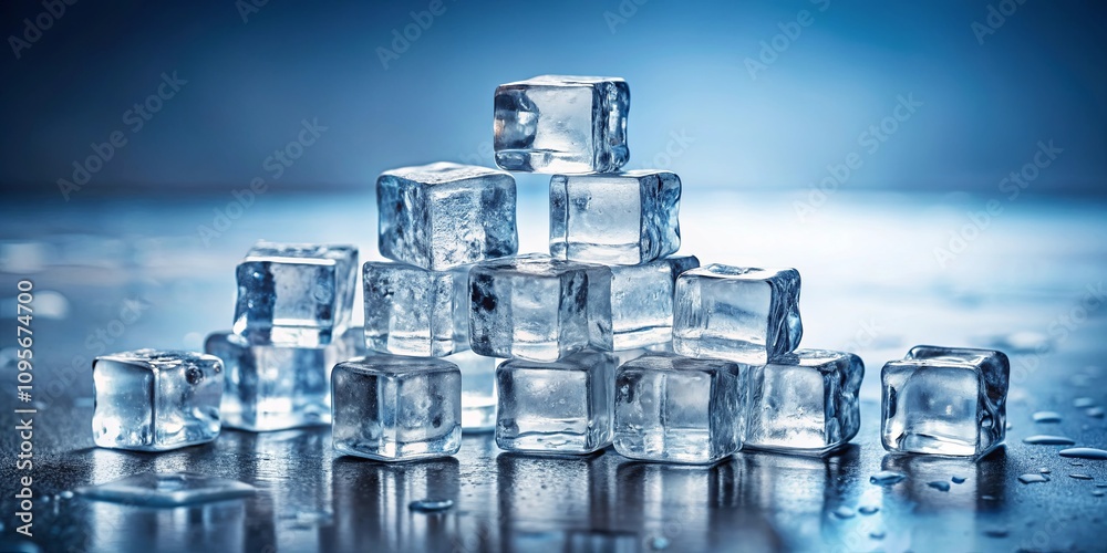 Icy Cubes Arranged in a Pyramid Shape on a Reflective Surface Icy Cubes Arranged in a Pyramid Shape on a Reflective Surface