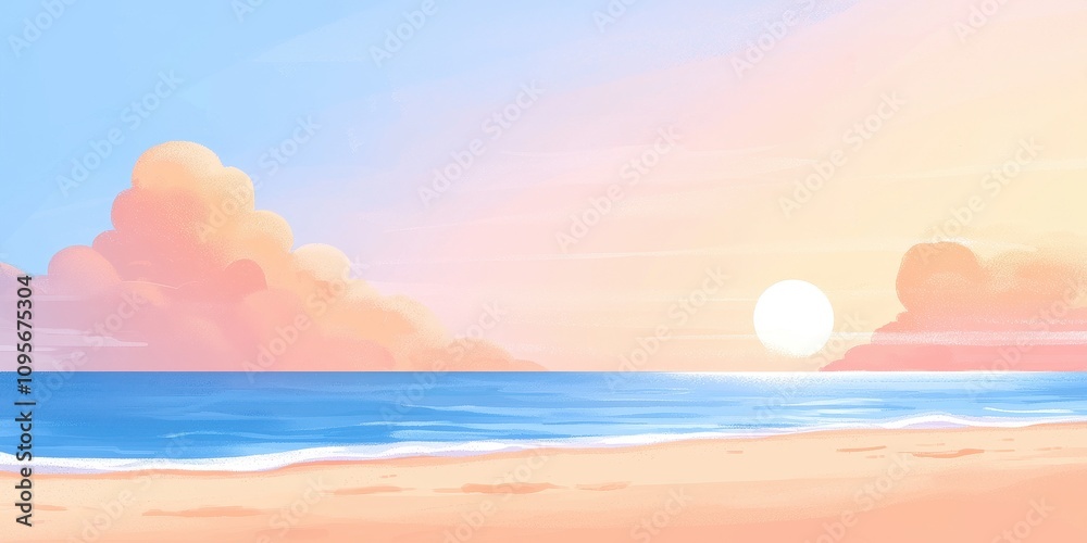 Tranquil beach scene with soft waves, a setting sun, and pastel clouds. Tranquil beach scene with soft waves, a setting sun, and pastel clouds.