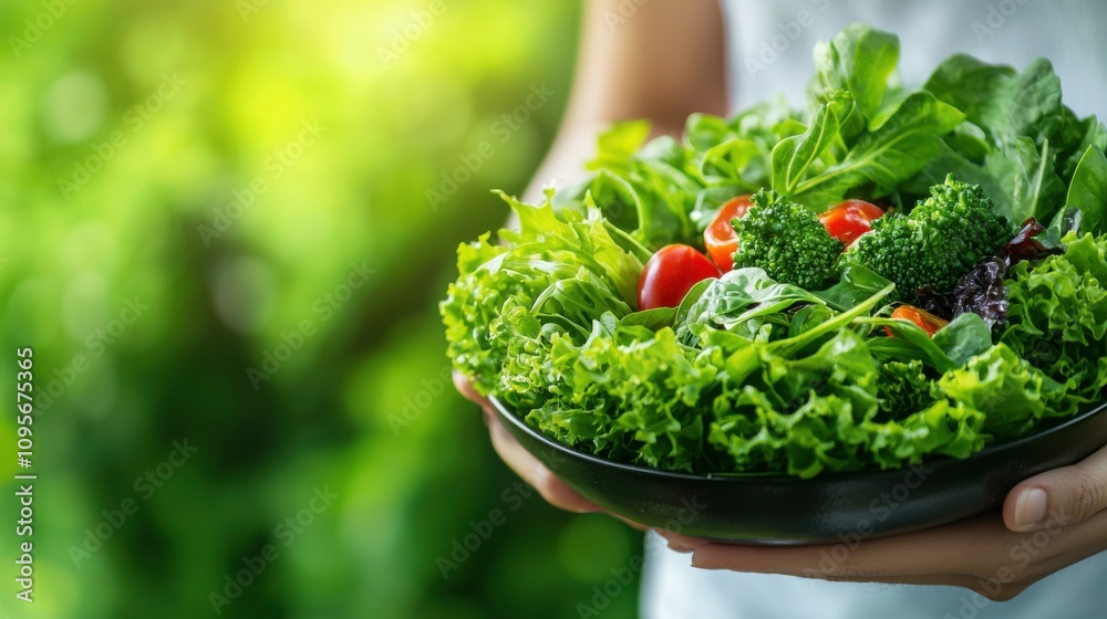 A person holds a bowl of fresh, vibrant greens and vegetables, showcasing healthy eating in a lush, natural setting. A person holds a bowl of fresh, vibrant greens and vegetables, showcasing healthy eating in a lush, natural setting.