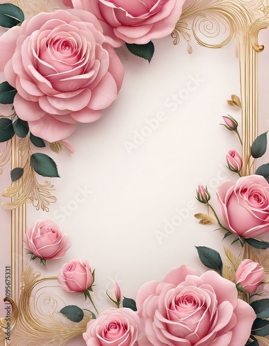 Elegant pink roses in a gilded frame create a romantic and luxurious floral design. photo