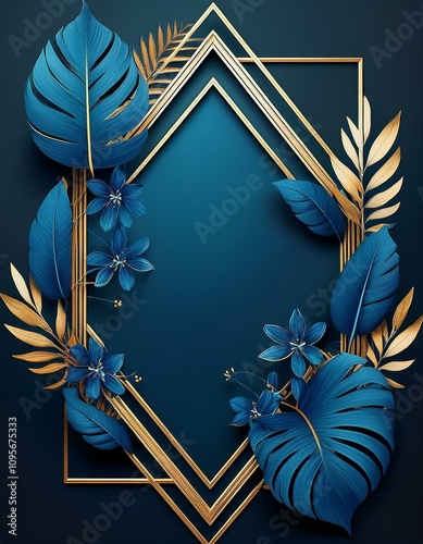 Elegant tropical floral design with gold accents. Deep blue and gold color palette. photo