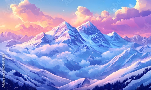 Majestic snow-capped mountains at sunset,  with clouds and valleys.