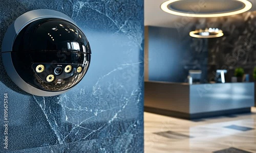 Modern security camera in a sleek lobby.
