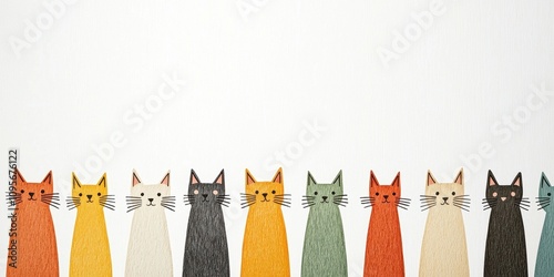 A colorful collection of illustrated cats lined up against a white background.