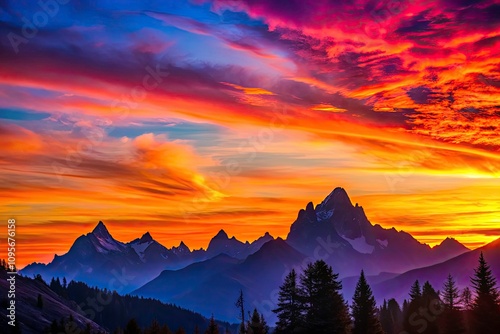 Breathtaking Silhouette of Sunrise Over Majestic Mountain Range with Vibrant Colors and Dramatic Sky, Perfect for Nature Lovers, Landscape Photography, and Scenic Views